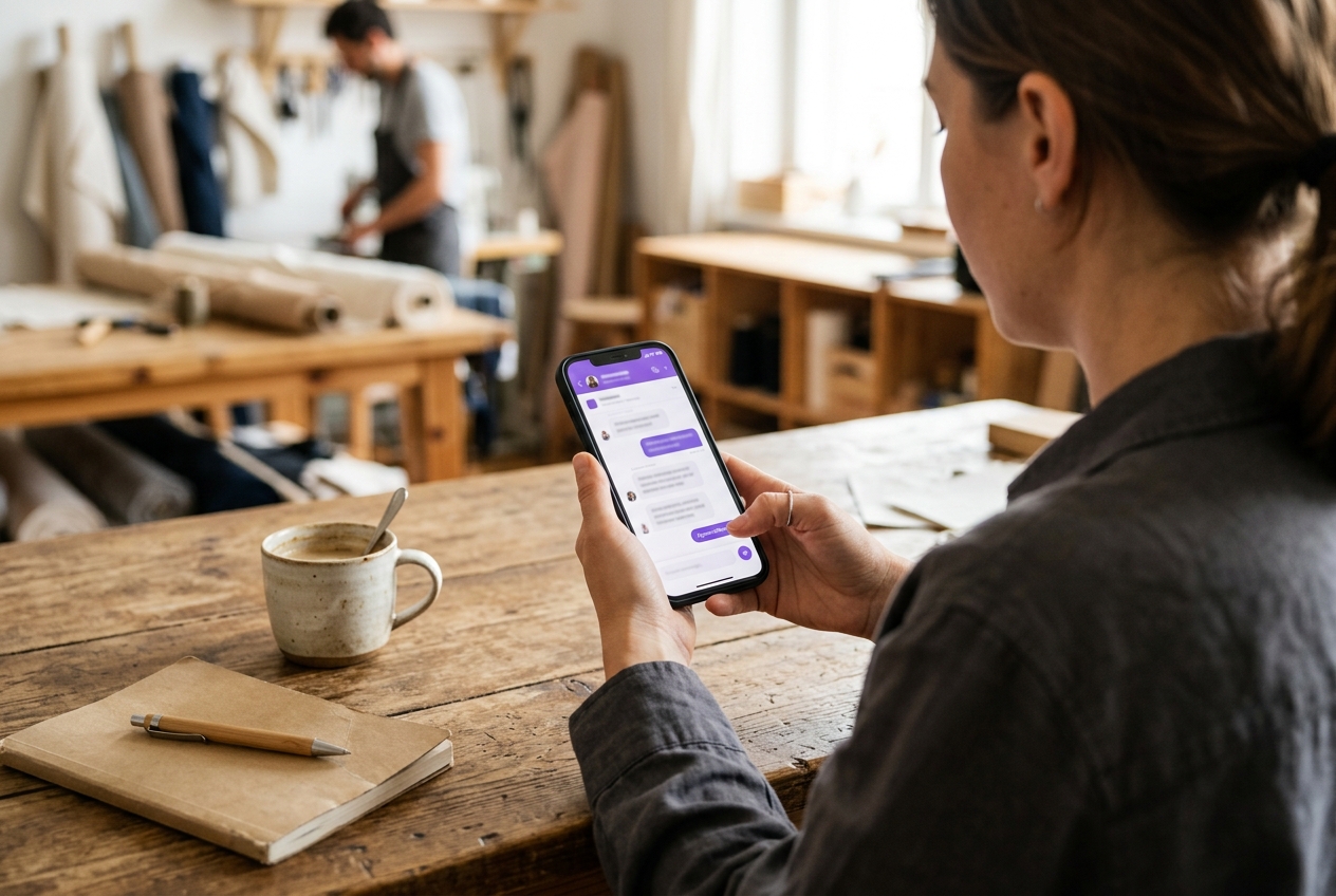 A business owner reviewing and approving a customer reply drafted by Ava, the AI business assistant inside Ava Ledger