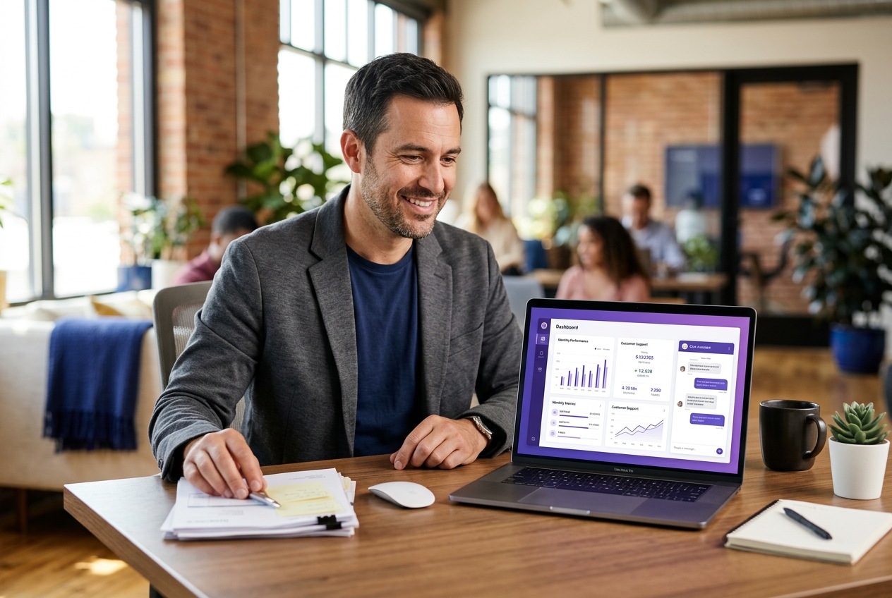 A business owner running his entire company from one Ava Ledger all-in-one business dashboard instead of juggling multiple software subscriptions