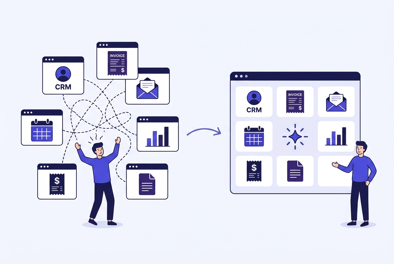 Illustration comparing a fragmented stack of disconnected business apps with Ava Ledger's single connected all-in-one business platform