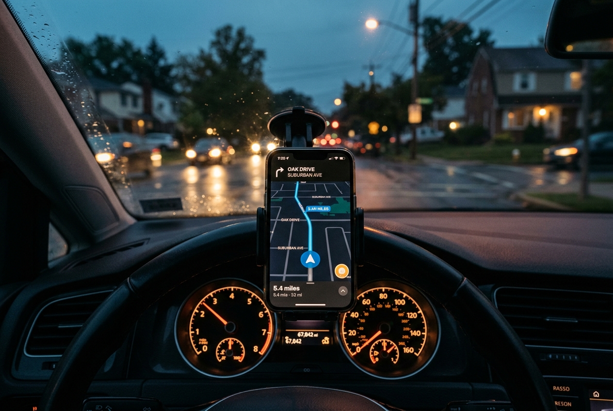 A phone mounted in a car showing a GPS route map next to the odometer