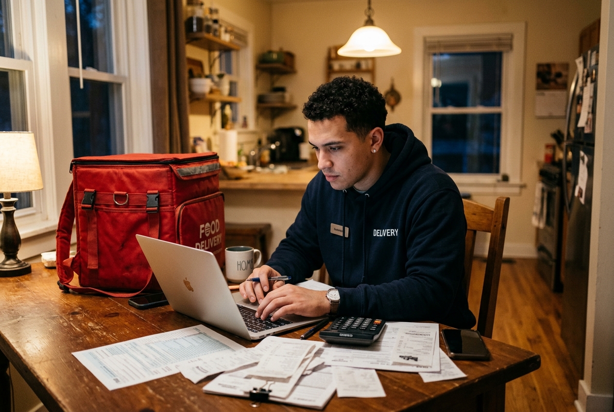 A DoorDash driver doing taxes at a kitchen table with a red delivery bag, laptop and receipts