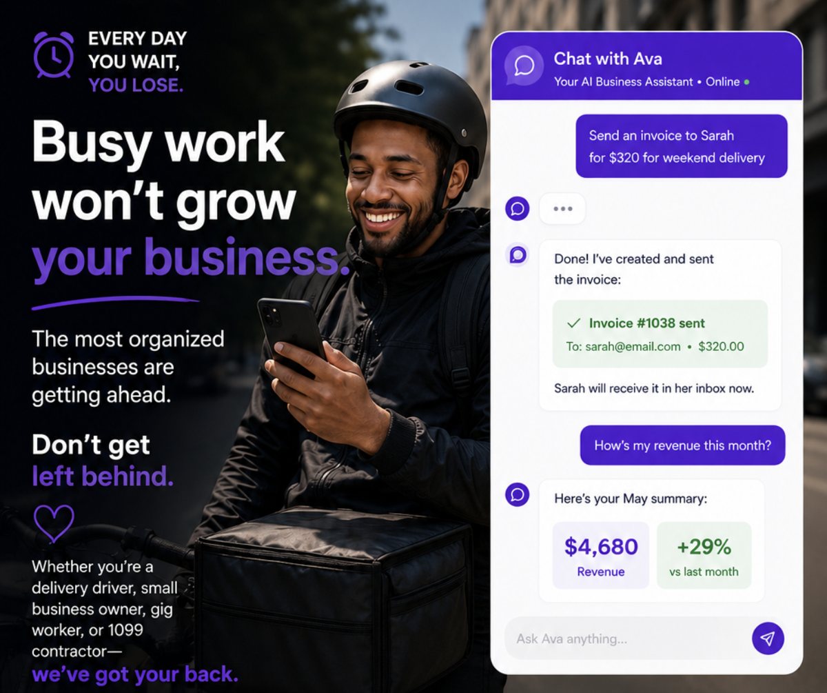 A delivery worker checking earnings on his phone while Ava, an AI business assistant, sends an invoice and reports monthly revenue