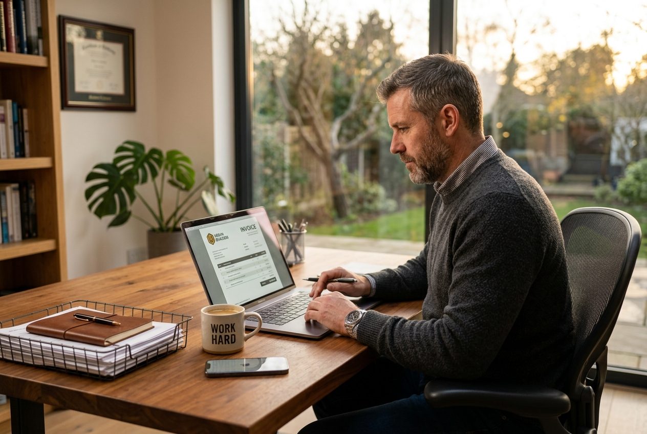 A small business owner reviewing a clean professional invoice on his laptop at his home office desk