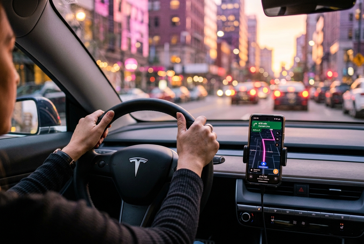 A rideshare driver at the wheel with a navigation app mounted on the dashboard