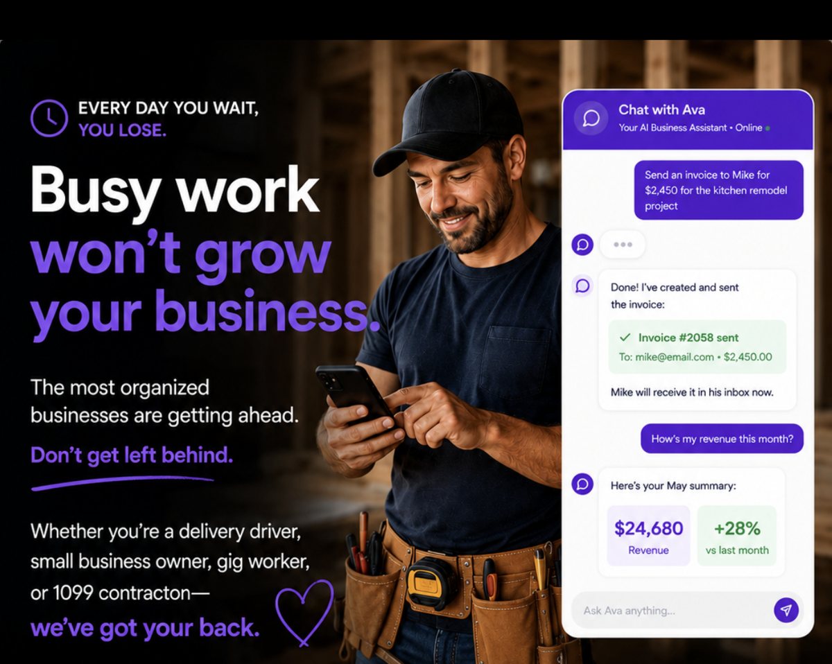 A contractor in a tool belt using his phone while Ava, an AI business assistant, sends a $2,450 invoice and reports monthly revenue