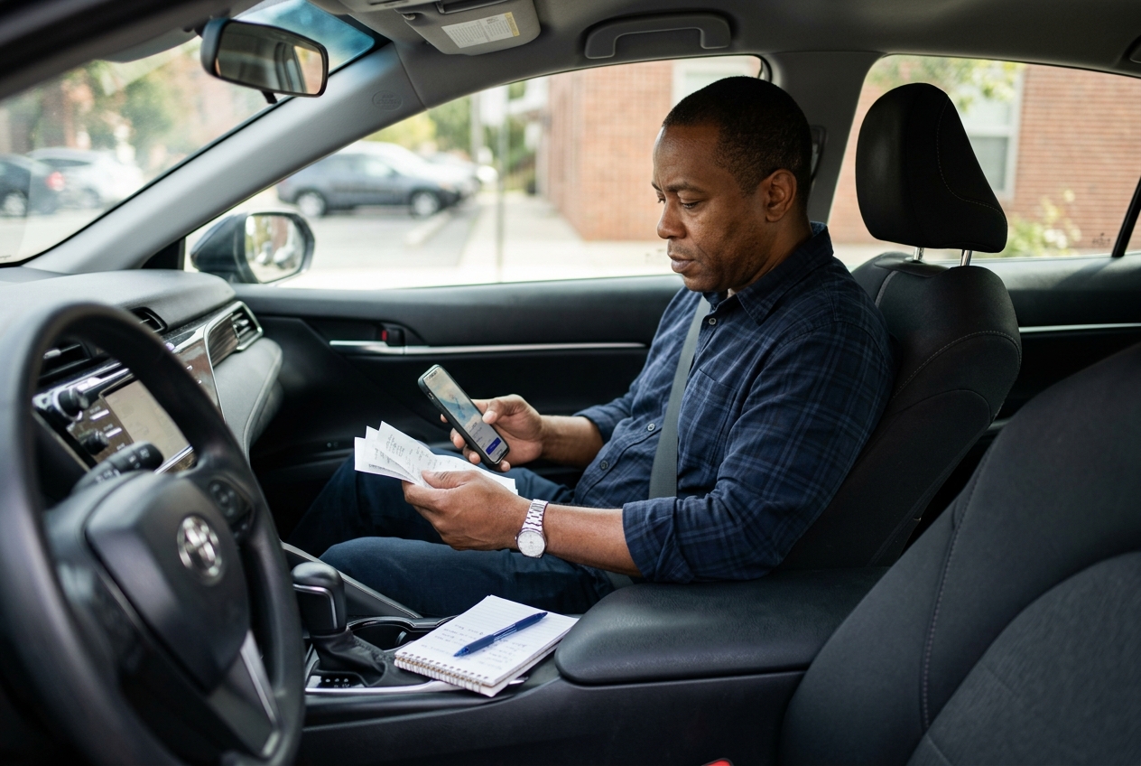 An Uber driver reviewing receipts and expenses in the driver seat