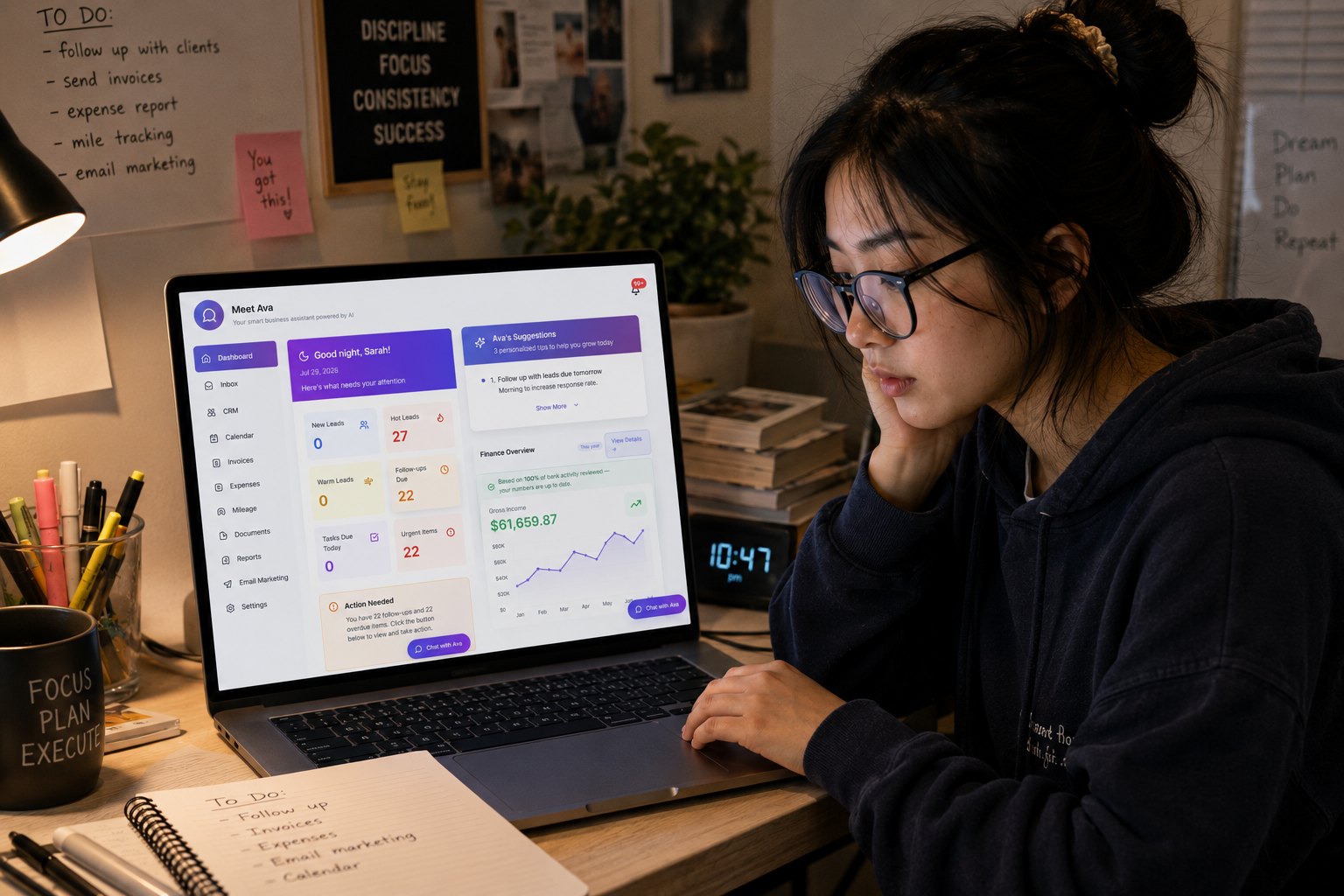 A small business owner working late at her desk while the Ava Ledger AI dashboard shows her leads, follow-ups, tasks and finance overview