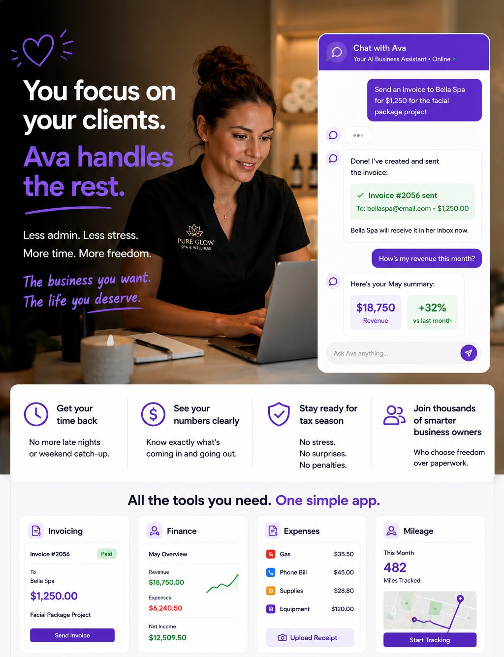 You focus on your clients, Ava handles the rest — a spa owner works with a client while Ava sends an invoice, summarizes revenue, and organizes invoicing, finance, expenses and mileage in one simple app
