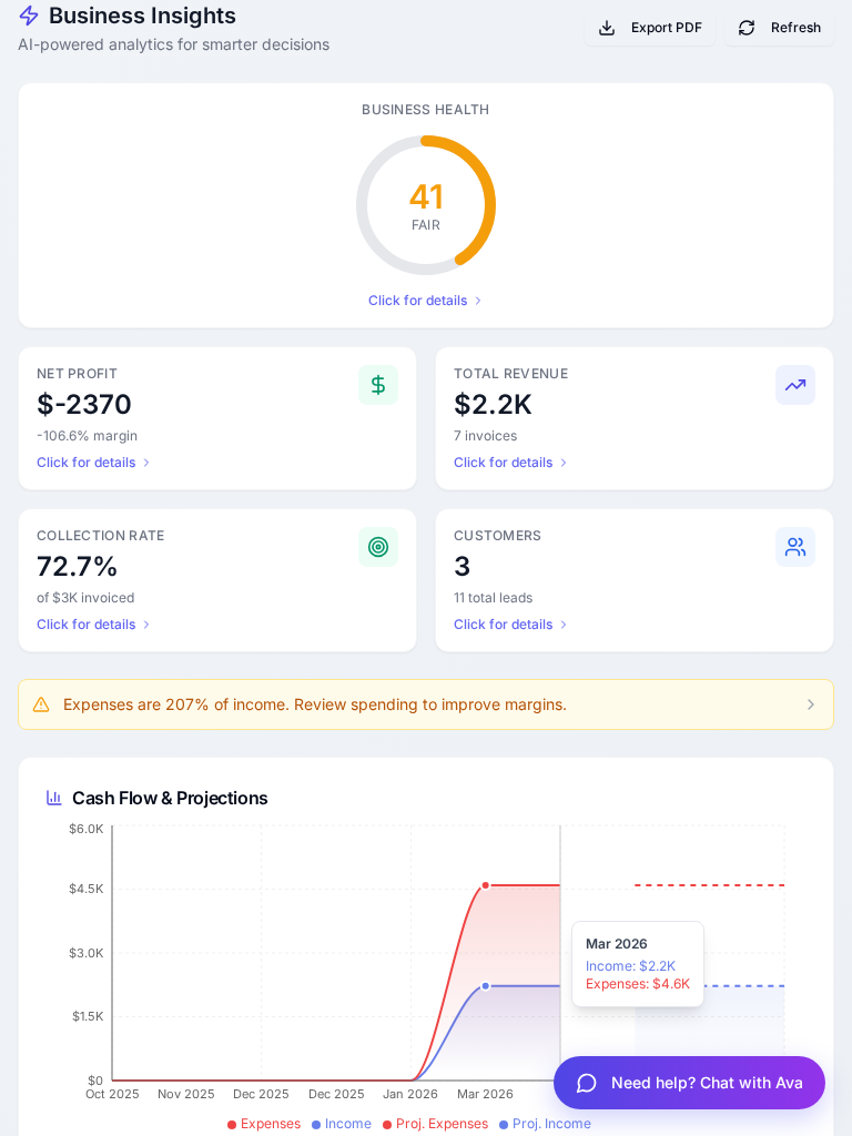 Ava Ledger expense breakdown with categorized spending and financial insights