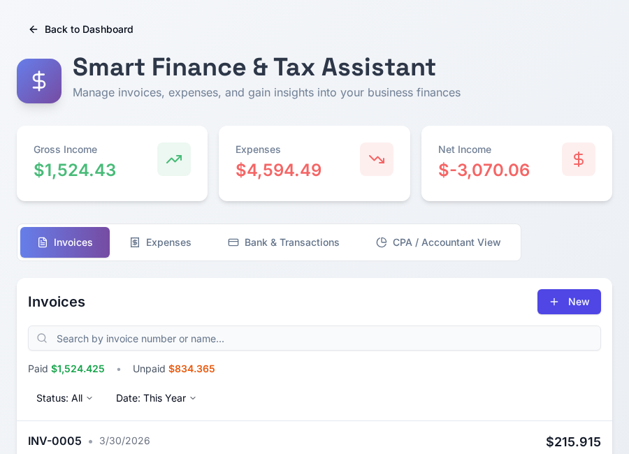 Ava Ledger invoicing screen with invoice statuses, payments, and totals