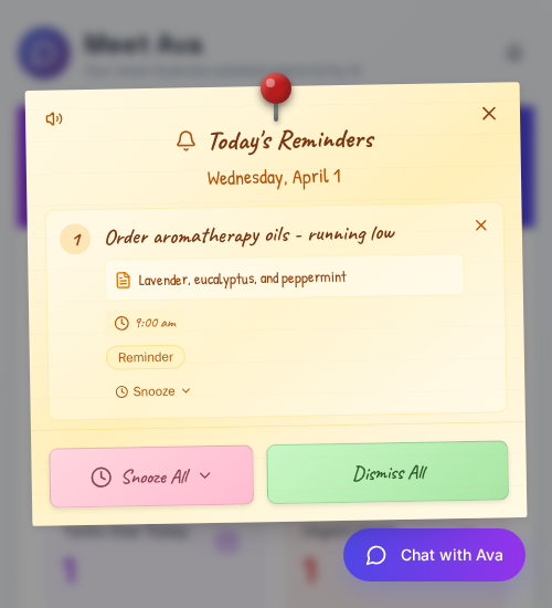 Ava Ledger CRM with smart reminders and follow-up tasks for leads and clients